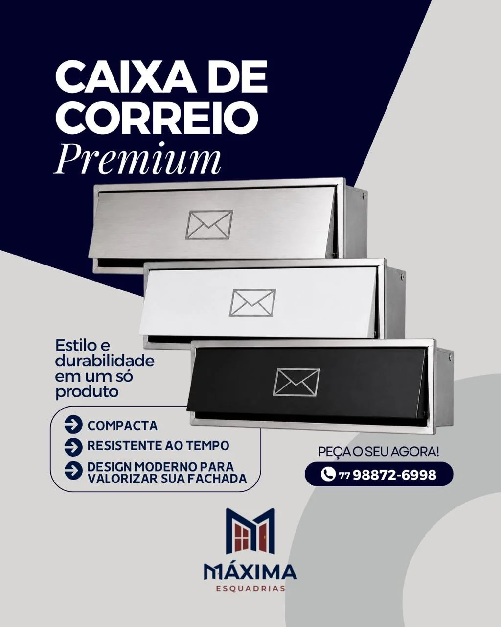 Três caixas de correio Premium de embutir, nas cores inox, branca e preta, com o símbolo de envelope em relevo