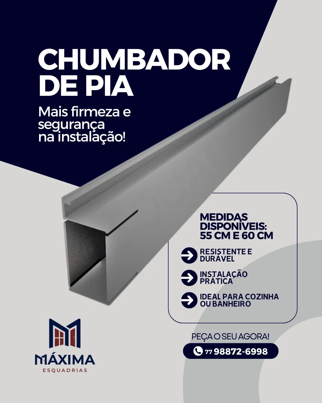 Chumbador de pia em perfil de alumínio visto em perspectiva, sobre fundo cinza e azul-marinho