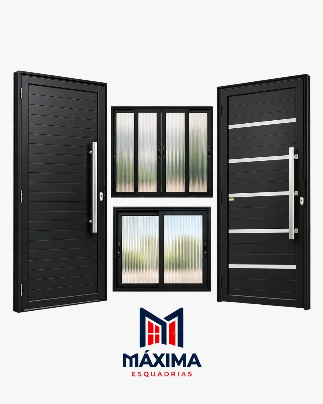 Três portas Premium em alumínio preto: lambril liso, folha com postigo quadriculado e folha com frisos em inox