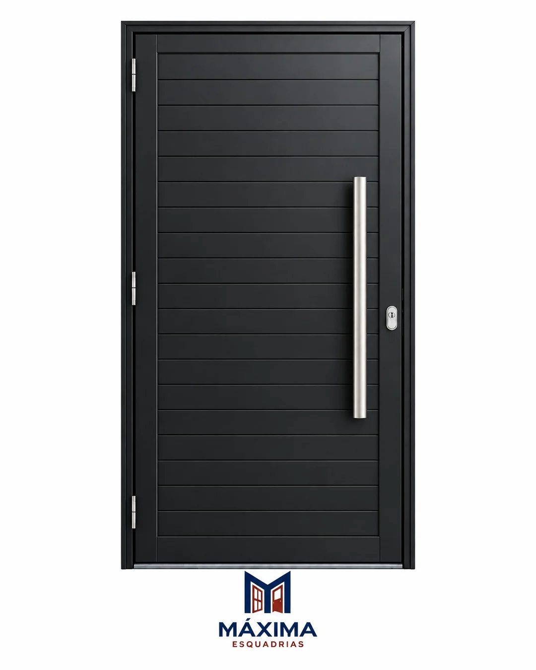 Porta de entrada em lambril preto liso, com puxador tubular em inox e fechadura