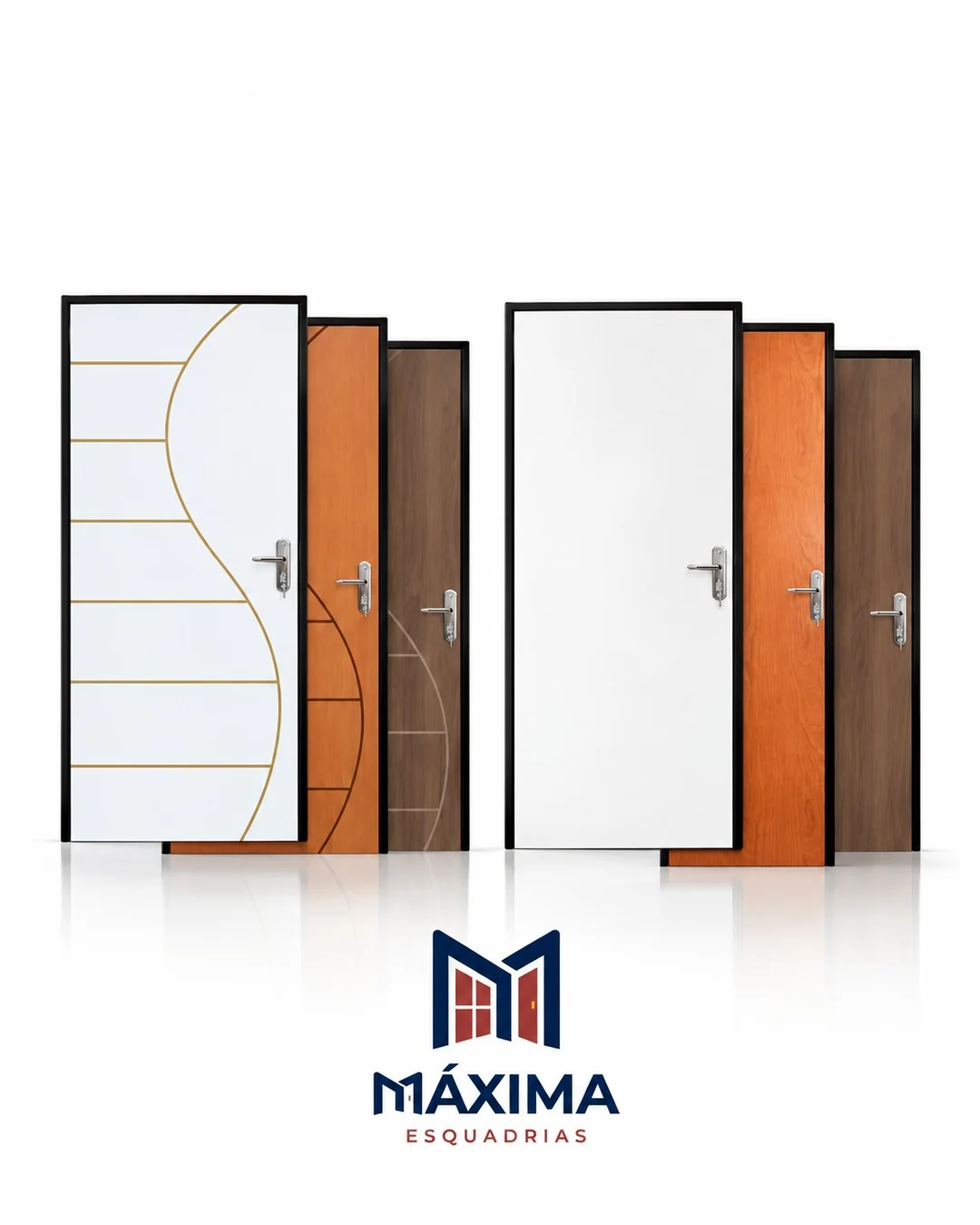 Seis portas de madeira com marco em alumínio preto, em branco, laranja e tons amadeirados