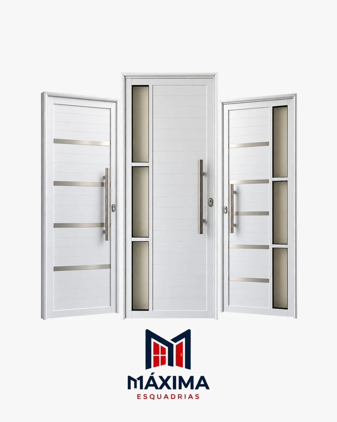Três portas Premium em alumínio branco, com frisos em inox, visor lateral e puxador longo
