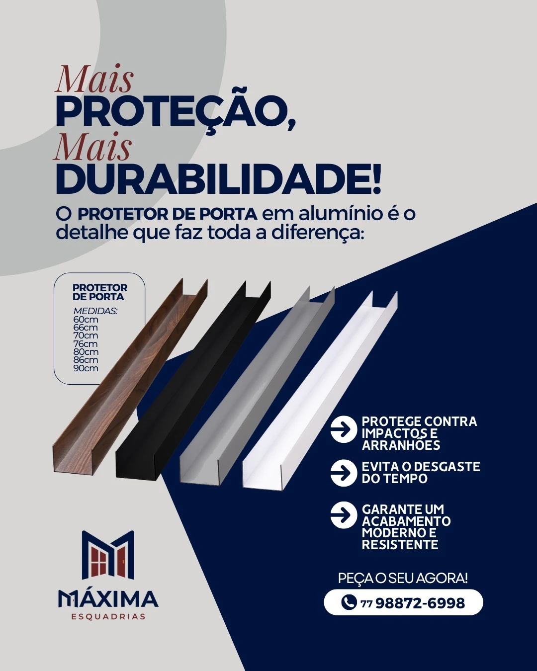 Quatro protetores de porta em perfil de alumínio, nos acabamentos madeirado, preto, natural e branco