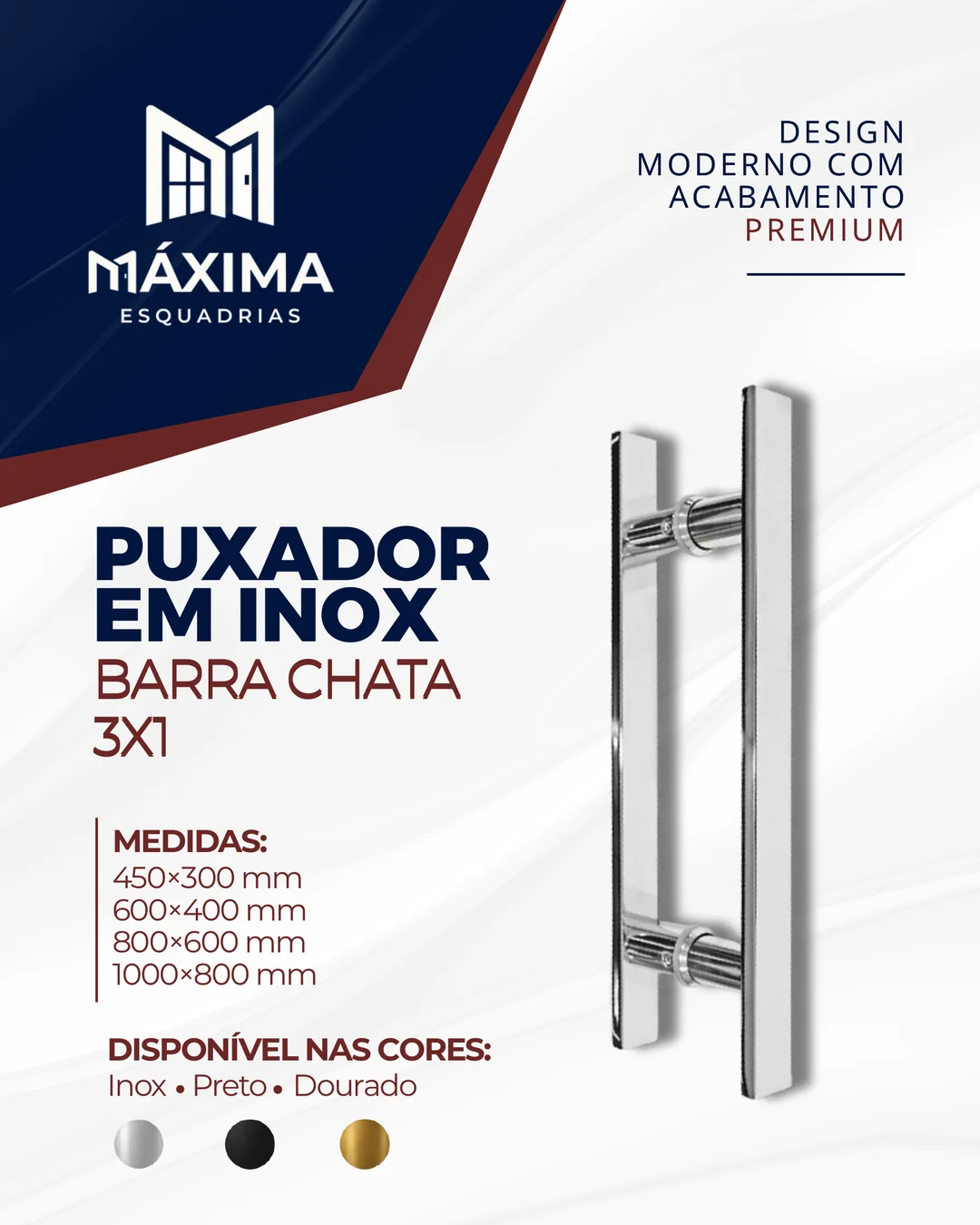 Puxador em inox de barra chata 3x1, reto e com dois pontos de fixação, sobre fundo claro com a marca Máxima