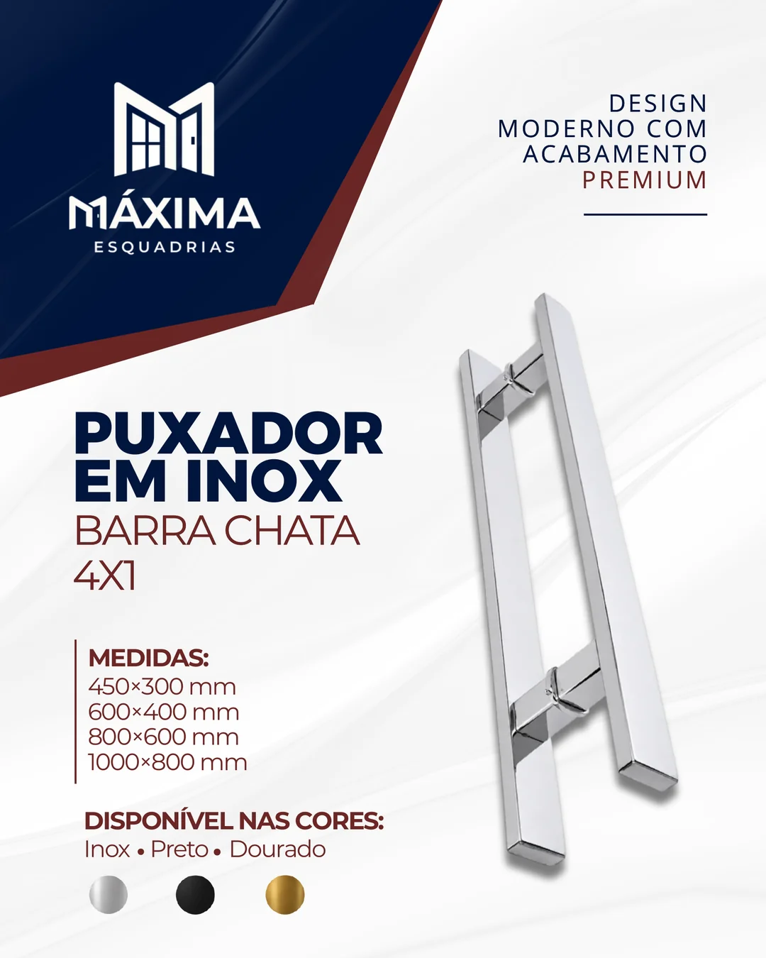 Puxador em inox de barra chata 4x1, reto e com dois pontos de fixação, sobre fundo claro com a marca Máxima