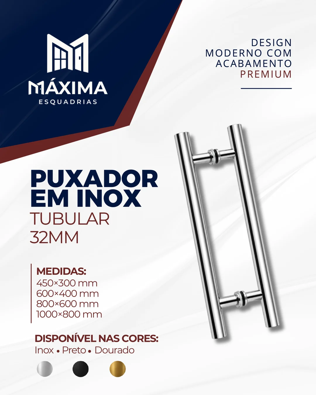 Puxador tubular em inox de 32 mm, com haste redonda e dois pontos de fixação, sobre fundo claro com a marca Máxima