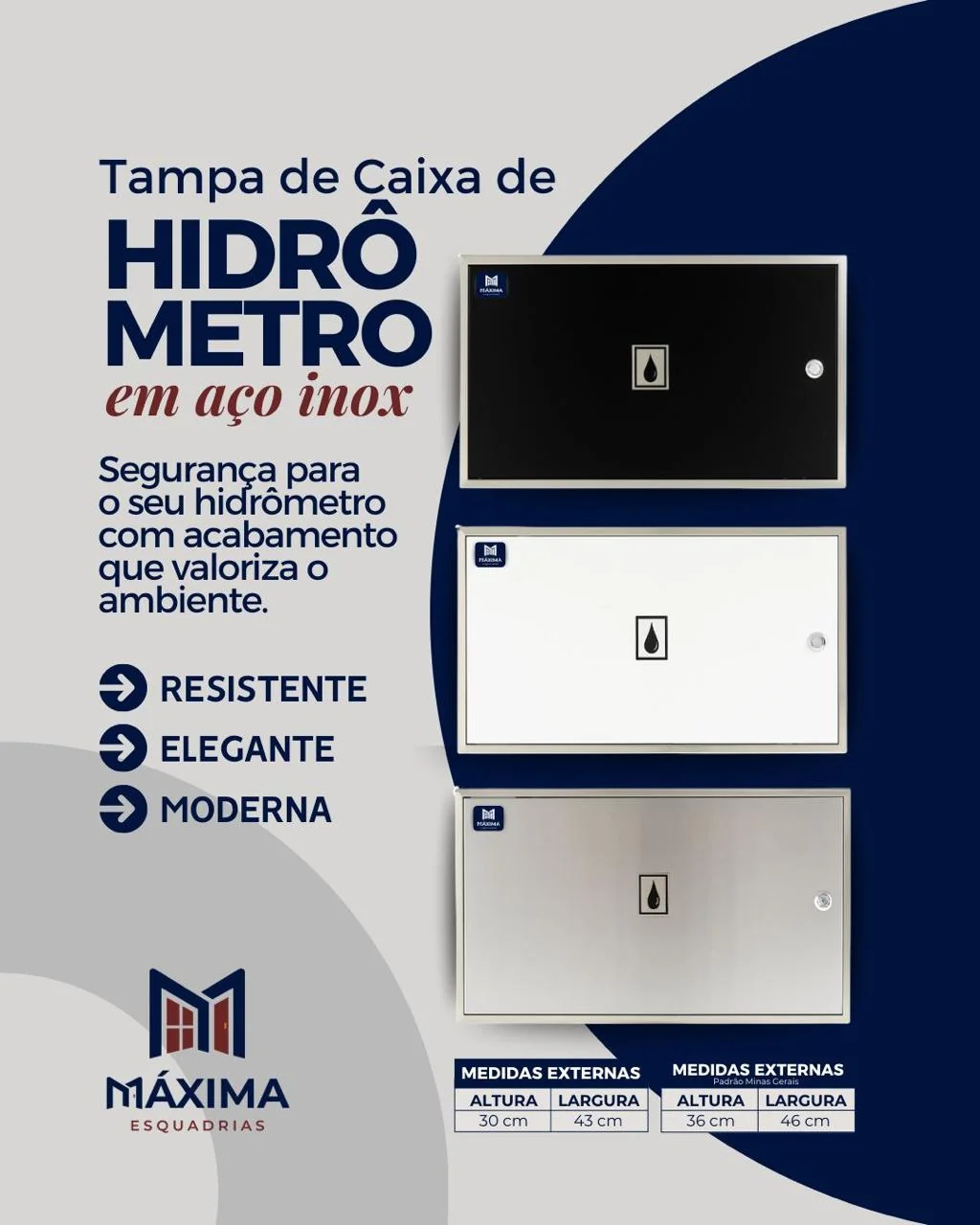 Três tampas de caixa de hidrômetro em aço inox, nas cores preta, branca e inox, com fechadura
